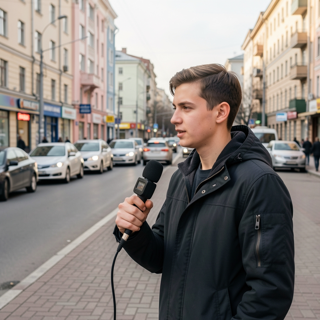 Молодой журналист с диктофоном берёт интервью на городской улице Астаны