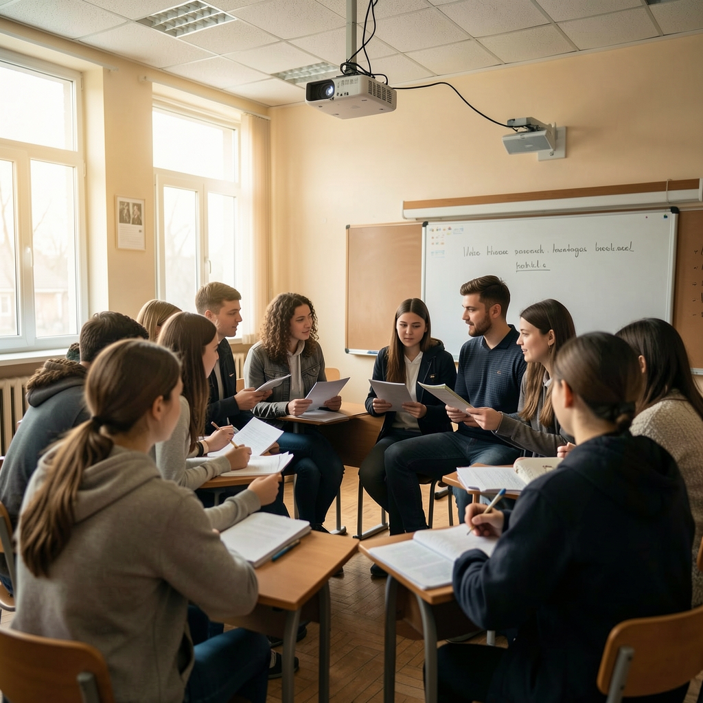 Группа студентов журналистики обсуждает материал в университетской аудитории с проектором и доской