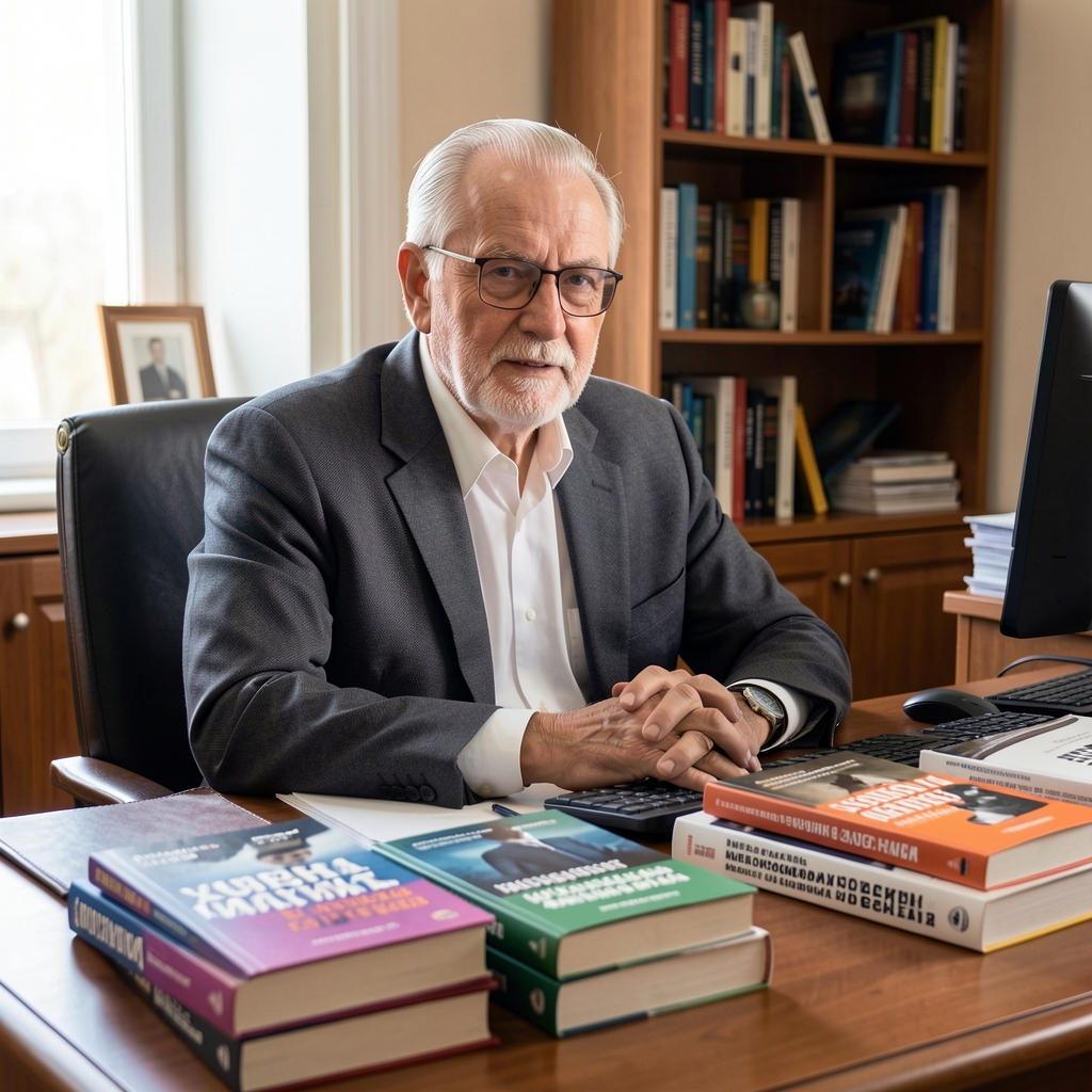Пожилой мужчина профессор в очках за рабочим столом с книгами по журналистике и медиакоммуникациям